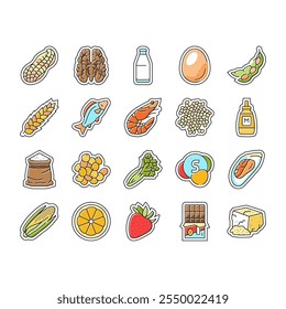 allergen product food free icons set vector. gluten organic, product gmo, label cosmetic, sugar allergy, cruelty allergen product food free color line illustrations