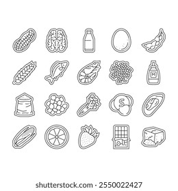 allergen product food free icons set vector. gluten organic, product gmo, label cosmetic, sugar allergy, cruelty allergen product food free black contour illustrations