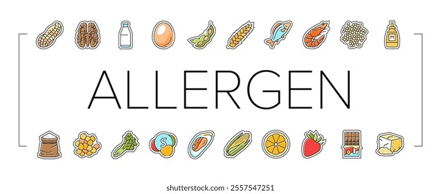 allergen product food free icons set vector. gluten organic, product gmo, label cosmetic, sugar allergy, cruelty allergen product food free color line illustrations