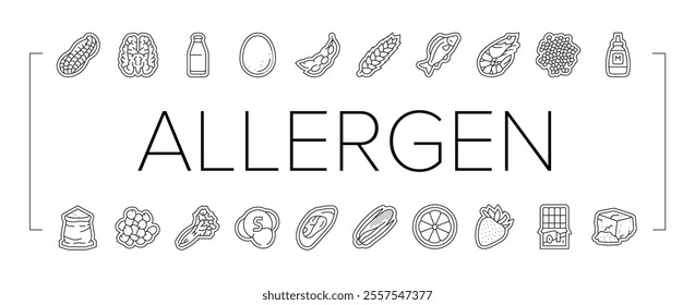 allergen product food free icons set vector. gluten organic, product gmo, label cosmetic, sugar allergy, cruelty allergen product food free black contour illustrations