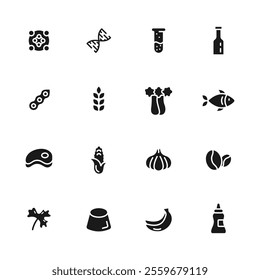 Allergen product food free icons set vector. gluten organic, product gmo, label cosmetic, meat, beef, celery, wheat allergen product food free glyph pictogram Illustrations