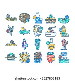 allergen product free food doodle icons set vector. sketch line art gluten sugar, egg soy, lactose vegan, gmo dairy, milk label, organic cosmetic, fat allergen product free food color illustrations