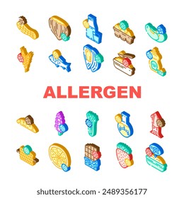 allergen product free food icons set vector. gluten sugar, egg soy, lactose vegan, gmo dairy, milk label, organic cosmetic, fat allergen product free food isometric sign illustrations