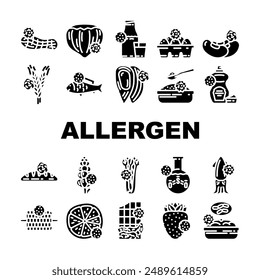 allergen product free food icons set vector. gluten sugar, egg soy, lactose vegan, gmo dairy, milk label, organic cosmetic, fat allergen product free food glyph pictogram Illustrations