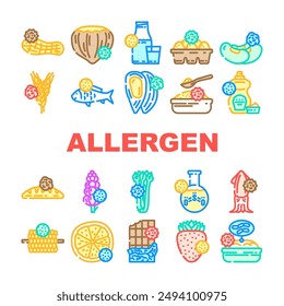 allergen product free food icons set vector. gluten sugar, egg soy, lactose vegan, gmo dairy, milk label, organic cosmetic, fat allergen product free food color line illustrations