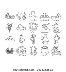 allergen product free food icons set vector. gluten sugar, egg soy, lactose vegan, gmo dairy, milk label, organic cosmetic, fat allergen product free food black contour illustrations