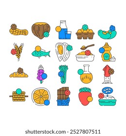 allergen product free food icons set vector. gluten sugar, egg soy, lactose vegan, gmo dairy, milk label, organic cosmetic, fat allergen product free food color Contour Illustrations