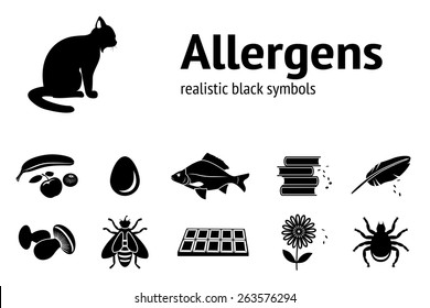 Allergen set. Fish, cat, insect, chocolate, mushroom, dust, bee, apple, banana, mandarin, hackle, edd icons. Food and common allergen black symbols. Vector isolated