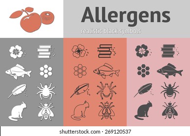 Allergen set. Fish, cat, insect, honey, bee, apple, mandarin, hackle, book, dust, pollen icons. Food and common allergy prevention symbols. Vector isolated