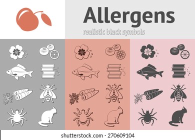 Allergen set. Fish, cat, insect, honey, bee, apple, mandarin, hackle, book, dust, pollen icons. Food and common allergy prevention symbols. Vector isolated