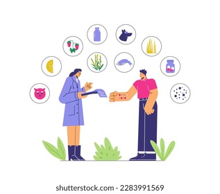 Allergen test blood analysis concept with doctor allergist or immunologist doing skin test to patient, flat cartoon vector illustration isolated on white background.