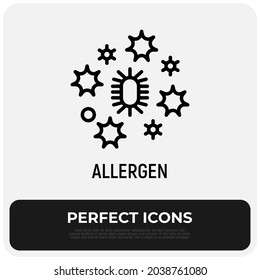 Icono de la línea delgada de Alergen. Polen, bacterias o polvo. Ilustración vectorial moderna.