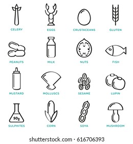 Allergen Vector Icons Set. Food Allergens Symbols Emblems Signs Collection