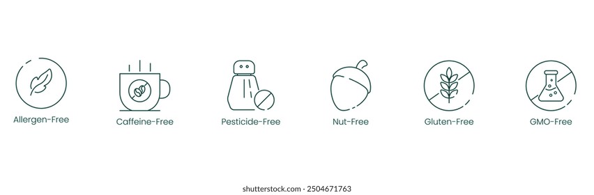 Allergen-Free, Caffeine-Free, Pesticides-Free, Nut-Free, Gluten-Free, and GMO-Free Vector Illustration Icon Set