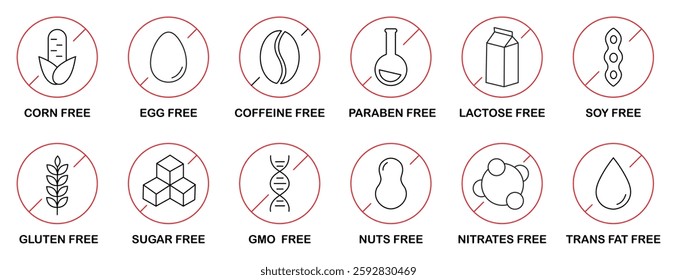 Allergen-free food icons set with labels for free of corn, egg, caffeine, paraben, lactose, soy, gluten, sugar, GMO, nuts, nitrates, and trans fat