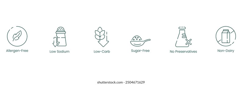 Allergen-Free, Low Sodium, Low Carb, Sugar-Free, Low Preservatives, and Non-Dairy Vector Illustration Icon Set