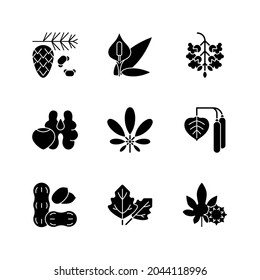 Allergens and allergy causes black glyph icons set on white space. Cedar, pine tree pollen. Peace lily. Poplar tree pollen. Tree nuts, peanut. Silhouette symbols. Vector isolated illustration