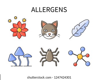 Allergens causing allergy, isolated icons set vector. Cats fur, animals and flowers pollen, feather plumage and mushrooms, dusty bugs and molecules