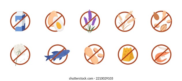 Allergens color icons set in flat style. Allergens in red crossed circles icons set. Vector illustration