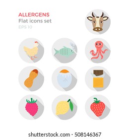 Allergens flat design icons set on white background. Vector illustration of food ingredients, that may cause allergy. Round icons with long shadows.