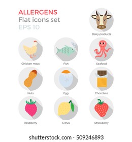 Allergens flat design icons set on white background. Vector illustration of food ingredients, that may cause allergy. Round icons with long shadows.