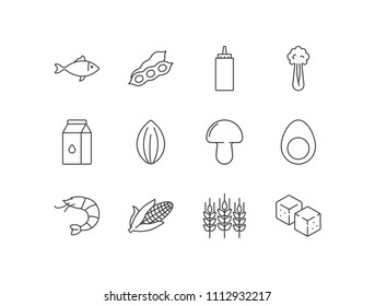 Allergens, food and drink line icons set with fish, soy beans, mustard, celery, dairy, almond, mushroom, egg, shrimp, corn, wheat, sugar.