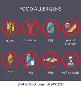Allergens food icon set. Allergen meal symbols. Colorful vector illustration.