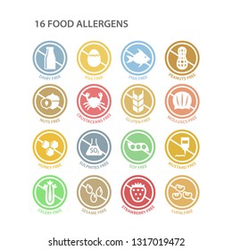 Allergens free circle colorful ingredients label set. Soy free, dairy free, gluten free pastel colors stamps. Allergen vector sticker set.