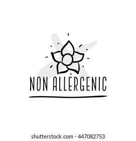 Allergens free, non allergenic product. Isolated vector label, stickers icon or mark. Hand drawn design for packaging on white background.