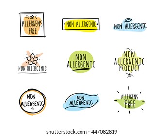 Allergens free, non allergenic product. Set of isolated vector labels, stickers, icons, marks. Hand drawn colorful design for packaging on white background.