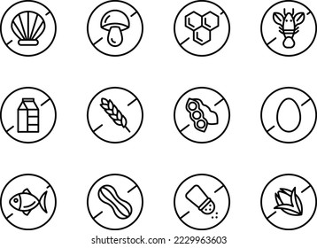 Allergens, icon set, icons crossed. Isolated vector black outline stamp label rounded badge product tag on transparent background. Symbols. Gluten free, dairy free, mushroom free, shellfish free.