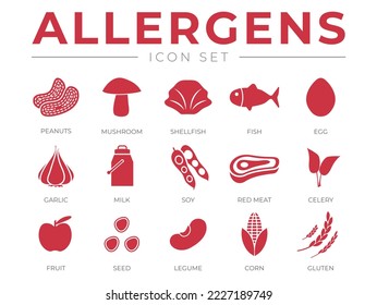 Allergens Icon Set. Peanuts, Mushroom, Shellfish, Fish, Egg, Garlic, Milk, Soy Red Meat, Celery, Fruit, Seed, Legume and Corn Gluten Allergen Icons