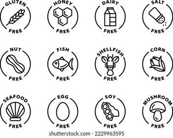 allergens icons, symbols, icon set. Gluten, dairy, soy, seafood, egg free. Isolated vector black outline stamp label rounded badge product tag on transparent background. Symbol.