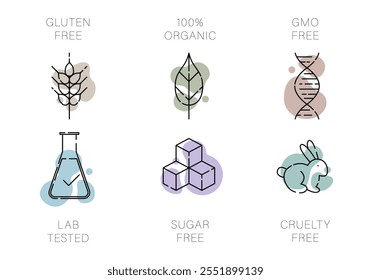 Allergens Icons. Vector stickers or tags for healthy food. Gluten free, 100% organic, no gmo, lab tested, sugar free, no cruelty