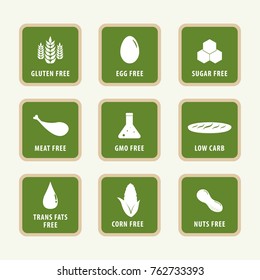 allergens label and icons of food. gmo free products.