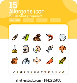Conjunto de vectores de iconos de color de línea de alérgenos. Aislado sobre fondo blanco. Icono de alérgenos con estilo de color lineal. Símbolos alérgenos alimentarios emblemas colección de signos. Juego de iconos de color de los géneros y los contornos de la dieta