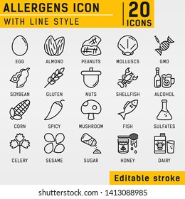 Allergens line icons vector set. Isolated on soft gray background. Allergens icon with line style. Food allergens symbols emblems signs collection. Allergens and diet line icons set. Editable stroke