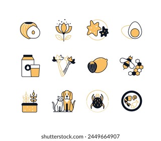 Allergens - modern line design style icons set with editable stroke. Products causing allergy. Nut, pollen, egg, honey and bees, strawberry and lemon, pets, seafood, beetle and soil with sprout idea