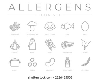 Allergens Outline Icon Set. Peanuts, Mushroom, Shellfish, Fish, Egg, Garlic, Milk, Soy Meat, Celery, Raw Food, Seed, Legume And Additives Gluten Allergy Icons