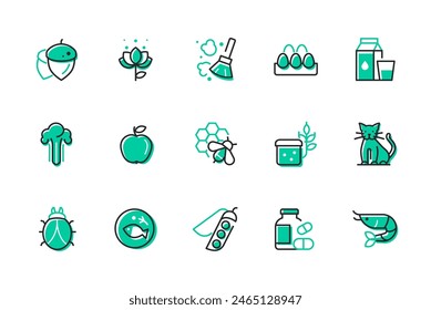 Allergens - set of line design style icons isolated on white background. Images of nut, flower with pollen, eggs, vegetables, fruits, cat, beetle, shrimp, fish, honey, eggs that can cause allergy