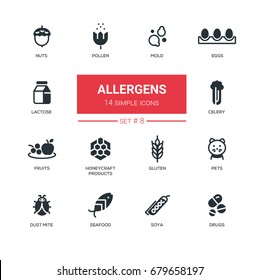 Allergens - set of vector silhouette icons, pictograms. Nuts, pollen, seafood, mold, lactose, eggs, celery, fruits, honeycraft products, pets, gluten, dust mite, soya, drugs