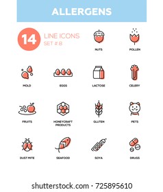 Allergens - set of vector silhouette icons, pictograms. Nuts, pollen, seafood, mold, lactose, eggs, celery, fruits, honeycraft products, pets, gluten, dust mite, soya, drugs