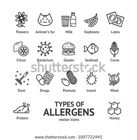 Allergens Signs Black Thin Line Icon Set Basic Types Include of Peanut and Gluten. Vector illustration of Allergy Ingredient