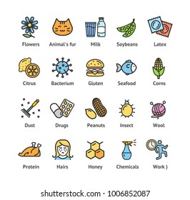 Allergens Signs Color Thin Line Icon Set Basic Types Include of Milk and Soya. Vector illustration of Allergy Ingredient
