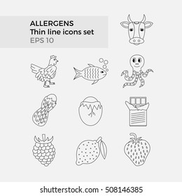 Allergens thin line icons set on white background. Vector illustration of food ingredients, that may cause allergy.