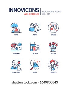 Allergens - vector line design style icons set. Healthcare and things that cause allergic response idea. Food, pets, drugs, seafood, lactose, pollen, allergy symptoms, dust, insects. A man sneezing