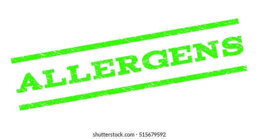 Allergens watermark stamp. Text caption between parallel lines with grunge design style. Rubber seal stamp with dust texture. Vector light green color ink imprint on a white background.