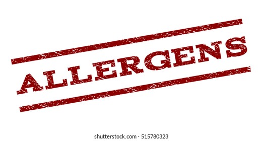 Allergens watermark stamp. Text tag between parallel lines with grunge design style. Rubber seal stamp with unclean texture. Vector dark red color ink imprint on a white background.