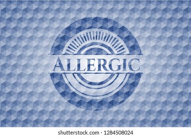 Allergic blue emblem with geometric pattern background.
