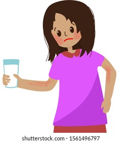 Allergic child. Girl with Dark skin who developed dermatitis in milk allergy. Atopic dermatitis. Allergy to cow's milk protein. Brown hair. Indian, Muslim, Asian girl. Vector illustration.